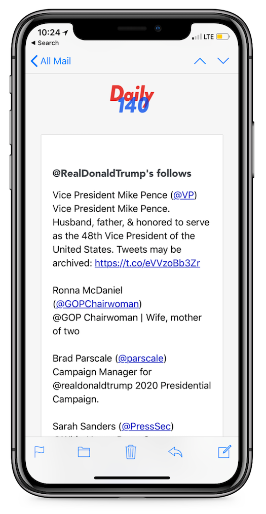 iPhone displaying Daily140 email